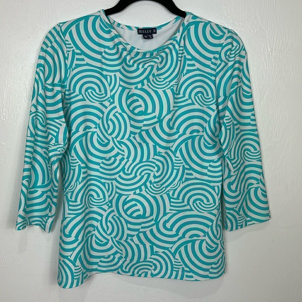 Melly M Geo Print Aqua Color Stretch 3/4 Sleeve Top Size M
